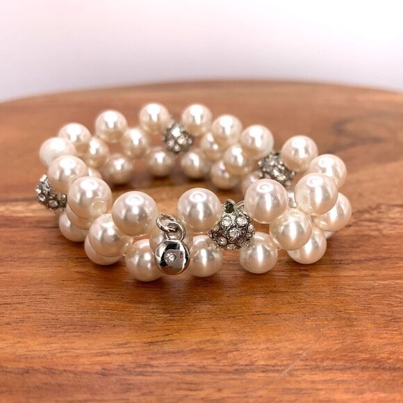 Faux Pearl & Crystal Stretch Bracelet White & Silver One Size - Picture 4 of 7